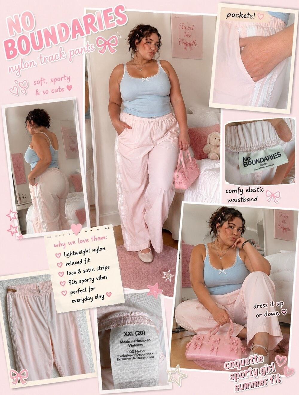 No Boundaries Pink Lace Side Stripe Track Pants Women’s XXL Nylon Y2K Relaxed